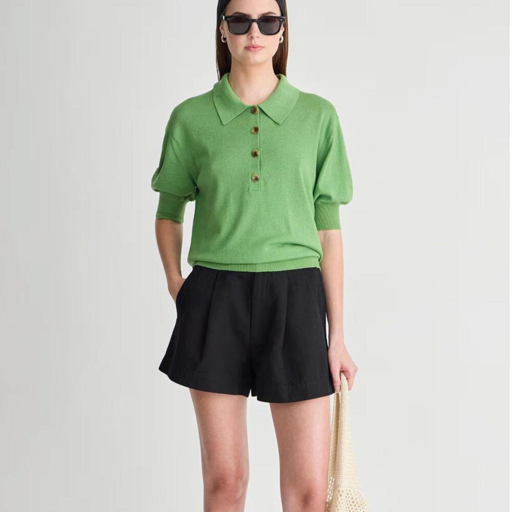 Green Button-Up Short Sleeve Knit Polo Sweater